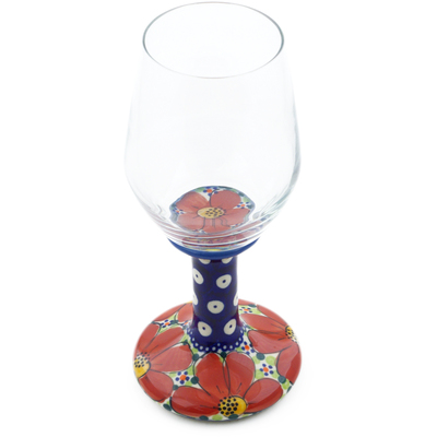 Polish Pottery Wine Glass 10 oz Red Wildflower UNIKAT