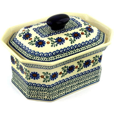Polish Pottery XL Cake Box 10&quot; Blue Daisy Meadow