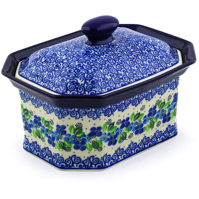 Polish Pottery XL Cake Box 10&quot; Blue Phlox