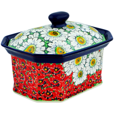 Polish Pottery XL Cake Box 10&quot; Sweet Red Petals UNIKAT