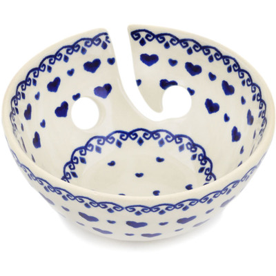 Polish Pottery Yarn Bowl 6&quot; Blue Valentine Hearts