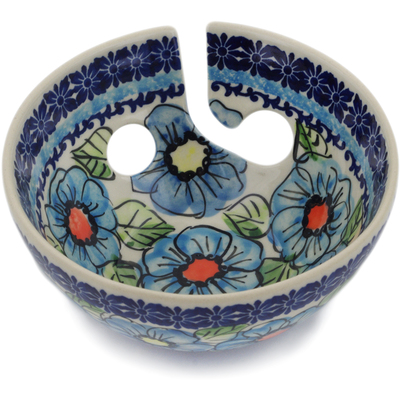 Polish Pottery Yarn Bowl 6&quot; Bold Blue Poppies UNIKAT