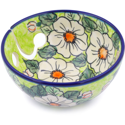 Polish Pottery Yarn Bowl 6&quot; White Flower Bouquet UNIKAT