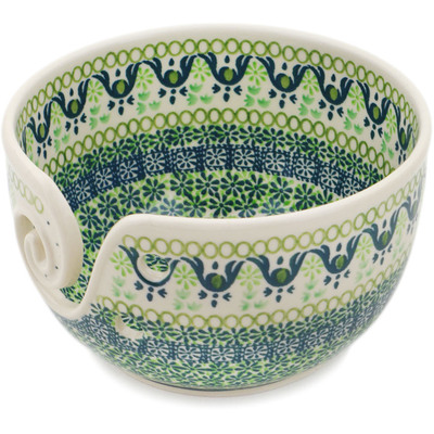 Polish Pottery Yarn Bowl 7&quot; Flourishing Green Flowers