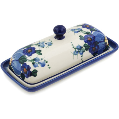 Polish Pottery Butter Dish 8" Himalayan Blue Poppy UNIKAT